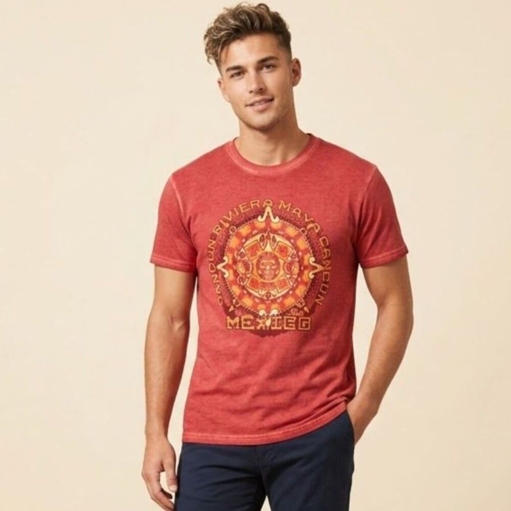 Pier 27 Limited Addition Cancun Riviera Maya Mexico Aztec Graphic Tee Red SZ L